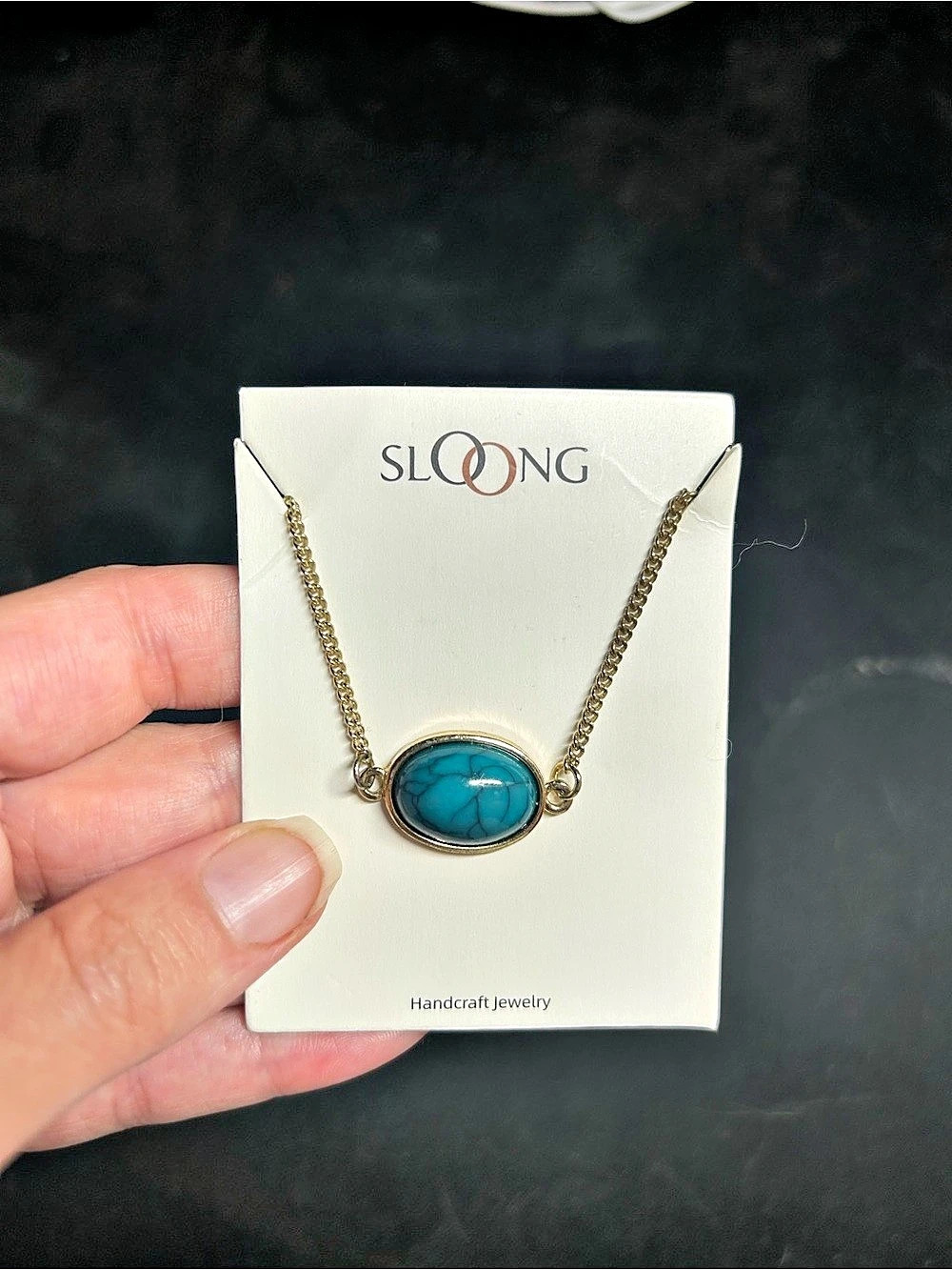 Sloong Handcraft Jewelry Simulated Turquoise Oval Pendant Necklace Blue & Gold N